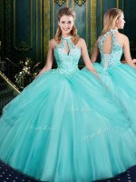 Suitable Halter Top Sleeveless Lace Up Sweet 16 Dresses Aqua Blue Tulle(SKU SJQDDT962002BIZ)