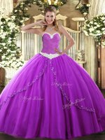 Mini Length Purple Quinceanera Gown Tulle Brush Train Sleeveless Appliques