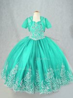 Beautiful Turquoise Lace Up Spaghetti Straps Beading and Embroidery Little Girls Pageant Dress Tulle Sleeveless(SKU PSSWLG073-2BIZ)