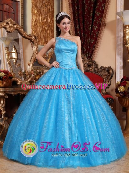 Arauca colombia Asymmetrical One Shoulder Beaded Decorate New Style Teal Quinceanera Dress For Tulle and Taffeta Ball Gown - Click Image to Close