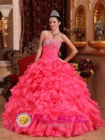 Exquisite Watermelon Red Ruffles Appliques With Beading Ruching Bodice Ball Gown Quinceanera Dress For Salcedo Dominican Republic(SKU QDZY055y-3BIZ)