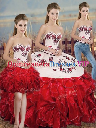 Floor Length Three Pieces Sleeveless White And Red Sweet 16 Dress Lace Up