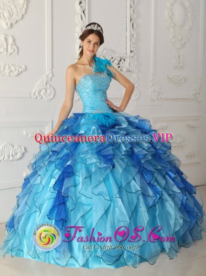 Aqua Blue One Shoulder Discount Sabana Yegua Dominican Republic Quinceanera Dress Beaded Bodice Satin and Organza Ball Gown - Click Image to Close