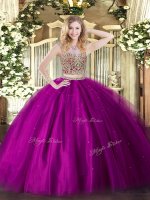 On Sale Fuchsia Tulle Lace Up Scoop Sleeveless Floor Length Sweet 16 Dress Beading(SKU SJQDDT1486002-3BIZ)