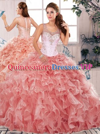 Spectacular Beading and Ruffles Sweet 16 Quinceanera Dress Watermelon Red Clasp Handle Sleeveless Floor Length