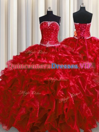 Suitable Wine Red Lace Up Strapless Beading and Ruffles Quince Ball Gowns Organza Sleeveless