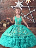 Luxurious Turquoise Straps Neckline Embroidery and Ruffled Layers Little Girls Pageant Dress Sleeveless Lace Up