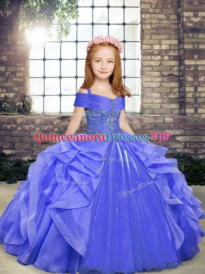 Beading and Ruffles Child Pageant Dress Blue Lace Up Sleeveless Floor Length - Click Image to Close