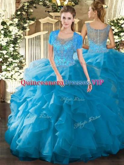 Great Teal Sleeveless Floor Length Beading and Ruffled Layers Clasp Handle Quinceanera Dress - Click Image to Close