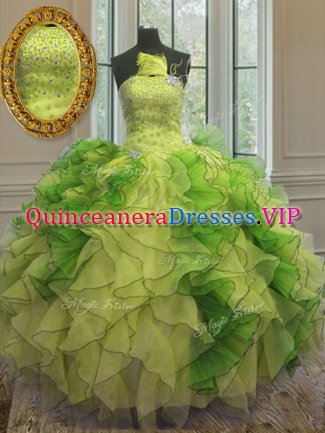 Beauteous Multi-color Ball Gowns Strapless Sleeveless Organza Floor Length Lace Up Beading and Ruffles Quince Ball Gowns