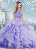 Lavender Ball Gowns Beading and Ruffles 15th Birthday Dress Clasp Handle Organza Sleeveless Floor Length