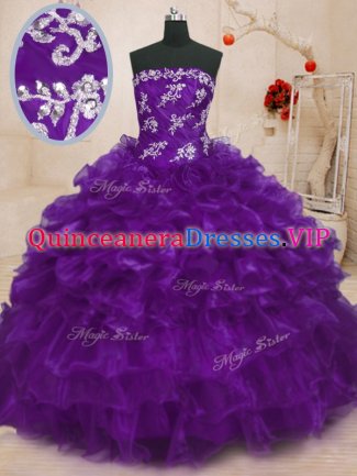 Fashion Purple Lace Up Quinceanera Dresses Beading and Appliques and Ruffles Sleeveless Floor Length