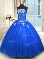 Floor Length Blue Military Ball Gown Tulle Sleeveless Beading and Appliques