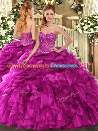 Sweetheart Sleeveless Sweet 16 Dresses Floor Length Beading and Ruffles and Pick Ups Fuchsia Organza