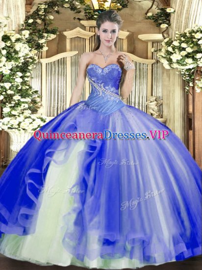 Fashionable Sleeveless Floor Length Beading and Ruffles Lace Up Ball Gown Prom Dress with Blue - Click Image to Close