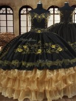 Flare Off the Shoulder Black Sleeveless Beading and Embroidery and Ruffled Layers Floor Length Quince Ball Gowns(SKU PSSW0547BIZ)