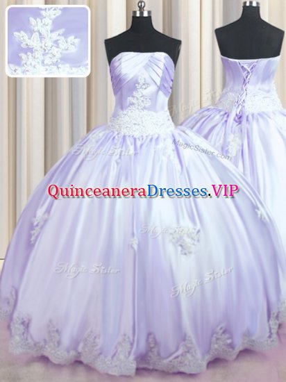 Sumptuous Strapless Sleeveless Ball Gown Prom Dress Floor Length Beading and Appliques Lavender Taffeta - Click Image to Close