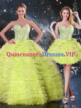 Yellow Green Tulle Lace Up Sweetheart Sleeveless Floor Length Vestidos de Quinceanera Beading and Ruffles