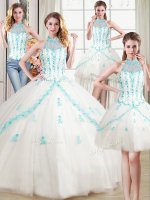 Most Popular Four Piece White Halter Top Lace Up Beading and Appliques Quince Ball Gowns Sleeveless