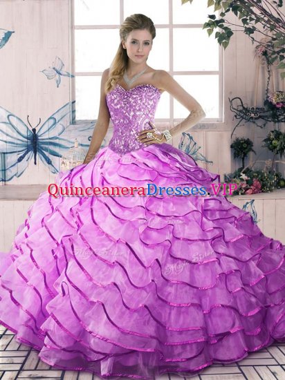 Sweetheart Sleeveless Quinceanera Gown Brush Train Beading and Ruffles Lilac Organza - Click Image to Close