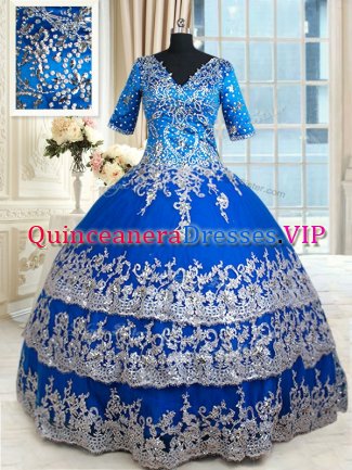 Custom Design Ruffled V-neck Half Sleeves Zipper Quinceanera Dresses Royal Blue Satin