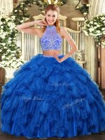 Free and Easy Beading and Ruffles Sweet 16 Dresses Royal Blue Criss Cross Sleeveless Floor Length