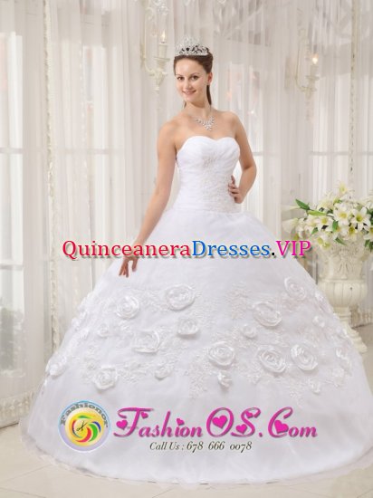 Morrow Georgia/GA Custom Made Romantic Sweetheart White Quinceanera Dress With Organza Appliques And Flowers Ball Gown - Click Image to Close