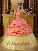 Iserlohn Germany Colorful Hand Made Flowers and Pick-ups For Watermelon and Yellow Strapless Quinceanera Dress With Taffeta and Tulle Appliques