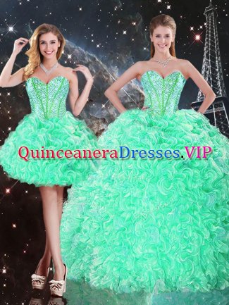 Floor Length Lace Up Vestidos de Quinceanera Apple Green for Military Ball and Sweet 16 and Quinceanera with Beading and Ruffles