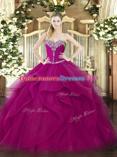 Floor Length Fuchsia Sweet 16 Dress Tulle Sleeveless Beading and Ruffles - Click Image to Close