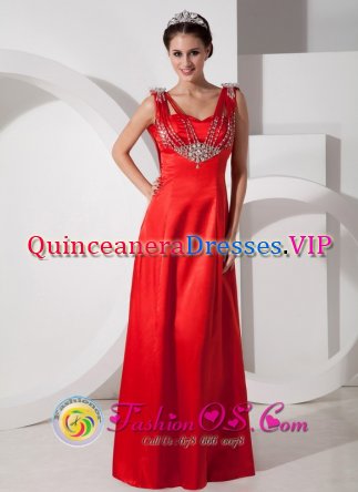 Chic Red Empire V-neck Floor-length Straps Satin Beading Quinceanera Dama Dress in Ciudadela Argentina