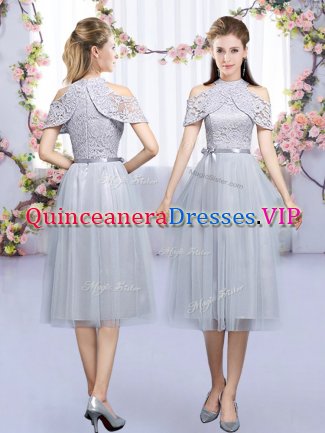 Exceptional High-neck Sleeveless Zipper Dama Dress for Quinceanera Grey Tulle