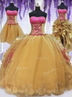 Spectacular Four Piece Strapless Sleeveless Quinceanera Dresses With Brush Train Beading and Lace and Ruffles Hot Pink and Gold Organza and Taffeta(SKU PSSW060KC003BIZ)