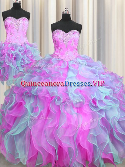 Custom Design Three Piece Multi-color Sleeveless Beading and Ruffles Lace Up Ball Gown Prom Dress - Click Image to Close