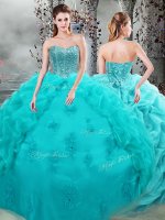 Superior Aqua Blue Ball Gowns Beading and Appliques and Pick Ups Vestidos de Quinceanera Lace Up Organza Sleeveless Floor Length