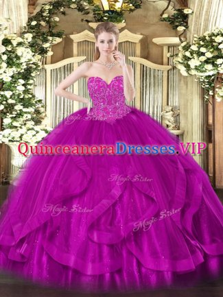 Sweetheart Sleeveless 15 Quinceanera Dress Floor Length Beading and Ruffles Fuchsia Tulle