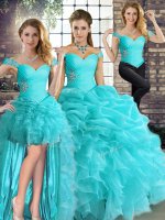 Affordable Sleeveless Organza Floor Length Lace Up 15th Birthday Dress in Aqua Blue with Beading and Ruffles and Pick Ups(SKU YSQD088CX003ABIZ)