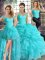 Affordable Sleeveless Organza Floor Length Lace Up 15th Birthday Dress in Aqua Blue with Beading and Ruffles and Pick Ups