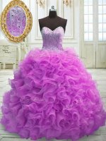 Lilac Ball Gowns Sweetheart Sleeveless Organza Sweep Train Lace Up Beading and Ruffles Sweet 16 Dresses