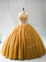 Excellent Gold Lace Up Halter Top Beading Quinceanera Dress Tulle Sleeveless Brush Train(SKU PSSW0973-9BIZ)