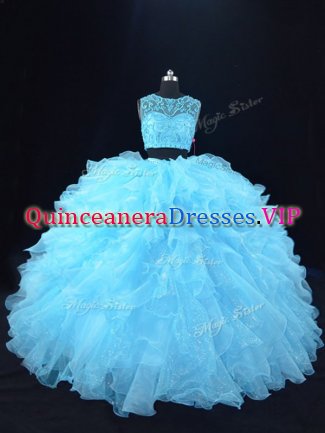 Floor Length Aqua Blue Quince Ball Gowns Organza Sleeveless Beading and Ruffles