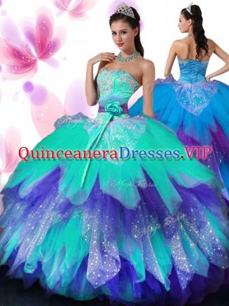 On Sale Appliques and Ruffled Layers and Hand Made Flower 15th Birthday Dress Multi-color Lace Up Sleeveless Floor Length