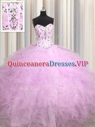 Visible Boning Lilac Sleeveless Floor Length Beading and Appliques and Ruffles Lace Up Sweet 16 Dress