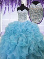 Customized Sleeveless Organza Floor Length Lace Up Quinceanera Dress in Baby Blue with Ruffles and Sequins