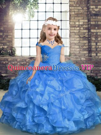 Blue Lace Up Straps Beading and Ruffles and Ruching Little Girl Pageant Gowns Organza Sleeveless