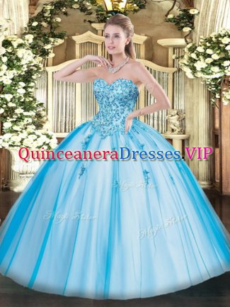 Dramatic Baby Blue Lace Up Sweet 16 Quinceanera Dress Appliques Sleeveless Floor Length