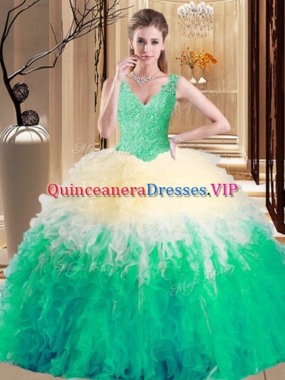 Graceful V-neck Sleeveless Sweet 16 Quinceanera Dress Floor Length Lace and Appliques and Ruffles Multi-color Tulle - Click Image to Close