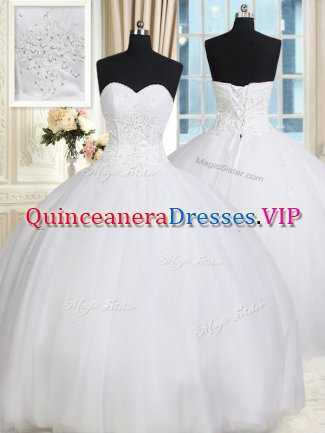 Sweetheart Sleeveless Lace Up Vestidos de Quinceanera White Tulle