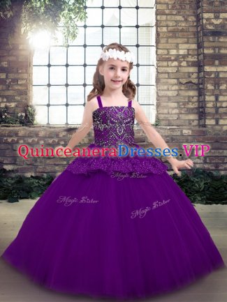 Straps Sleeveless Lace Up Little Girls Pageant Dress Purple Tulle