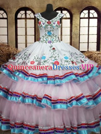 Inexpensive Straps Sleeveless Floor Length Embroidery and Ruffled Layers Lace Up Sweet 16 Quinceanera Dress with White